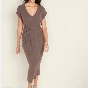 Old Navy Ribbed Brown Knit Short Sleeve V-Neck Midi Dress With Waist Tie Small
